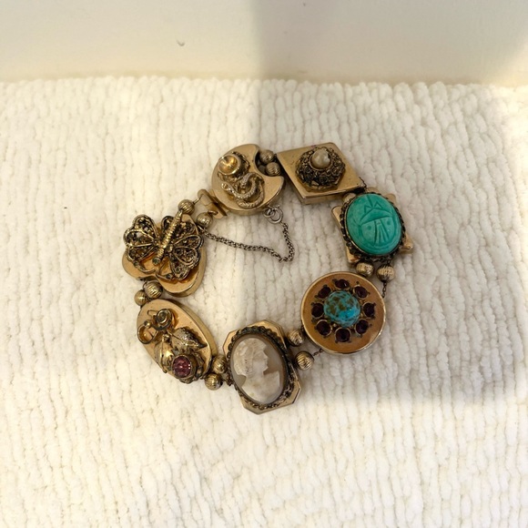 Vintage Gold Resin Turquoise and Cameo Slide Bracelet - Picture 1 of 6